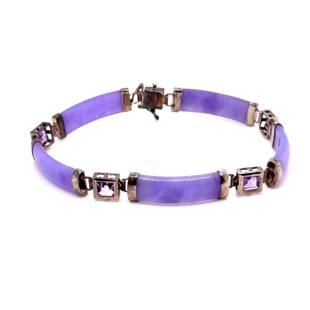 Vintage Sterling Silver 925 Lavender Jade and Amethyst Link Bracelet 7.5in